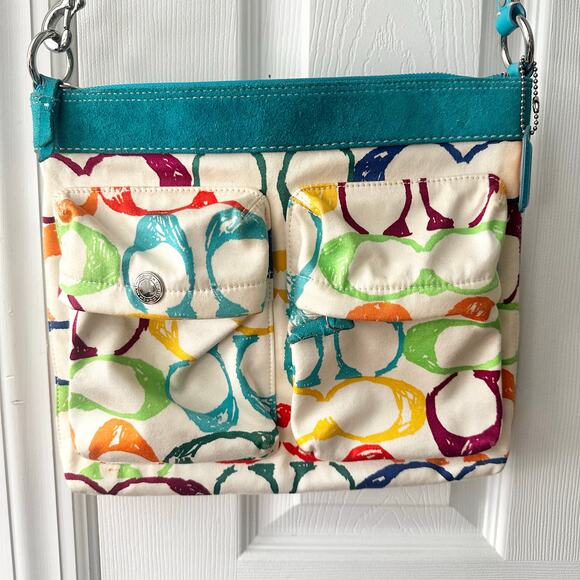 Coach Signature Multicolored Rainbow Scribble Cargo Double Pocket Crossbody Bag - Picture 2 of 12